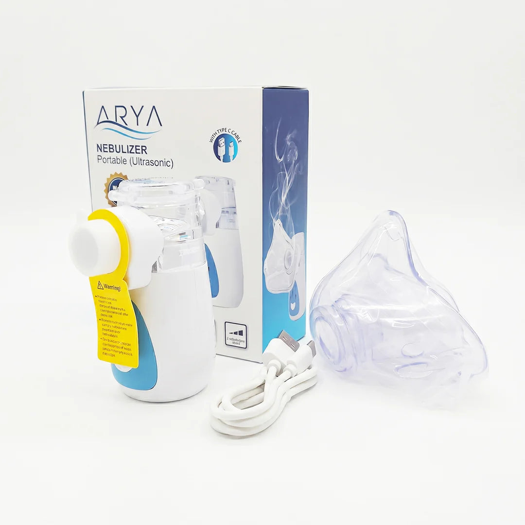 Arya portable ultrasonic nebulizer with packaging and accessories on a white background