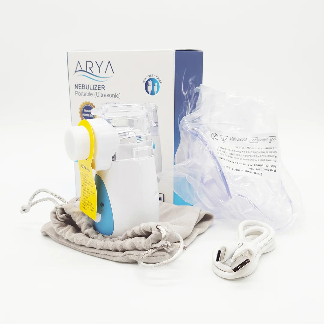Portable nebulizer kit with a white and blue handheld device, gray drawstring bag, clear face mask, white charging cable, and branded retail box on a white background.