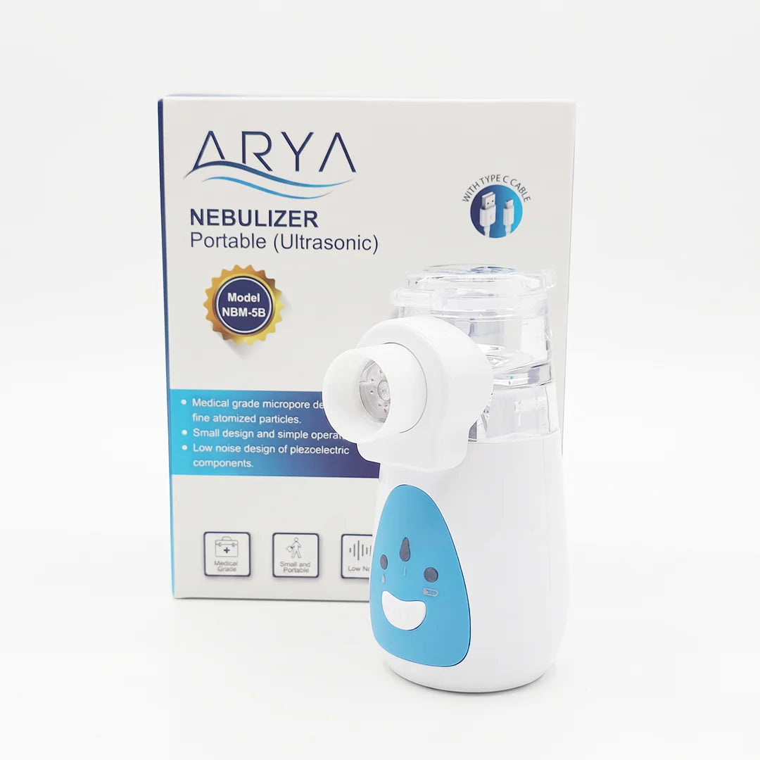 Portable ultrasonic nebulizer with its packaging displaying the brand 'ARYA'.