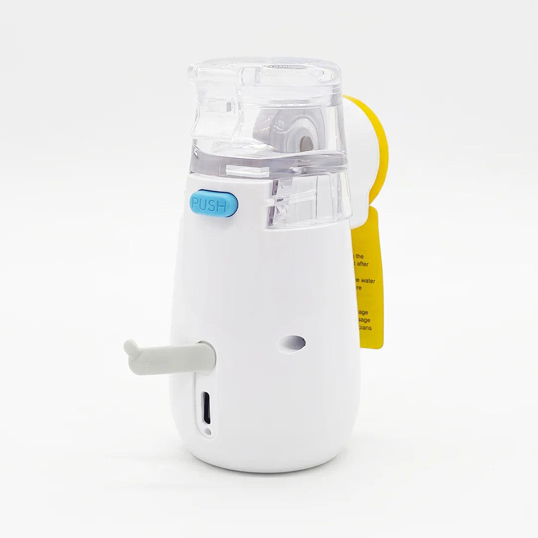 White handheld device with a clear top section on a white background